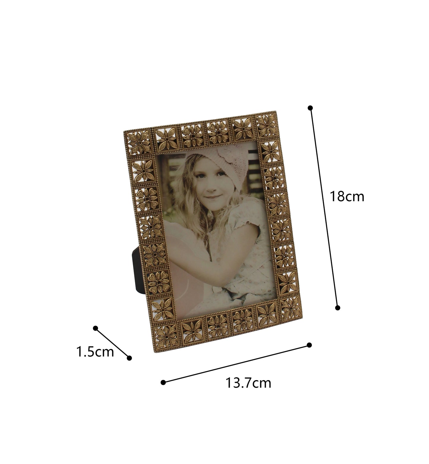 Antique Gold Metal Photoframe w Flower Squares 18cm - Image 2