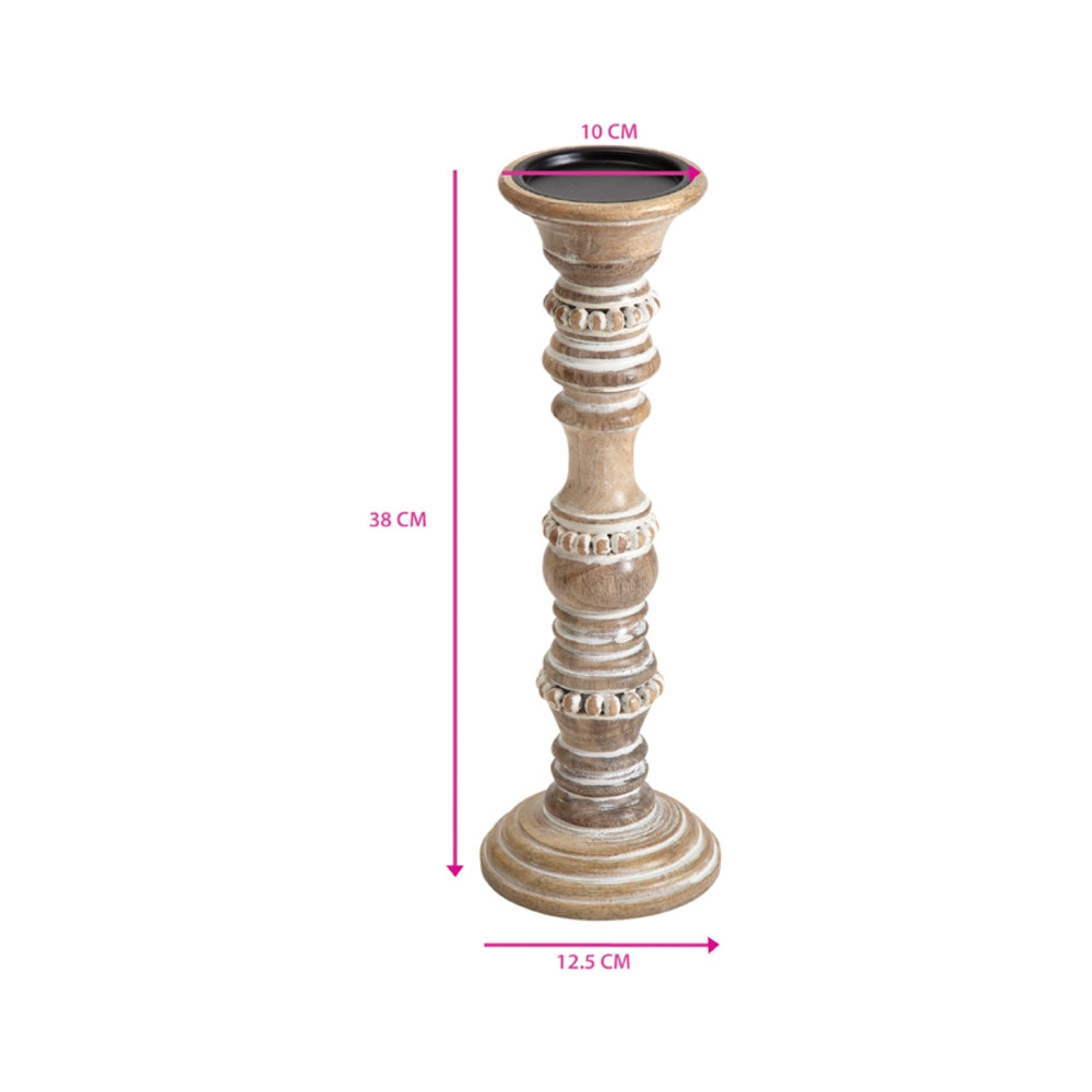 Handcrafted Mango Wood Beaded Pillar Candleholder 38cm - Image 3