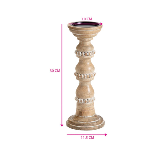 Handcrafted Mango Wood Beaded Pillar Candleholder 30cm - Image 2