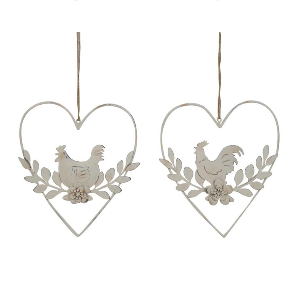 Set 2 Hanging Hearts w Rooster & Chook 17cm - Image 2