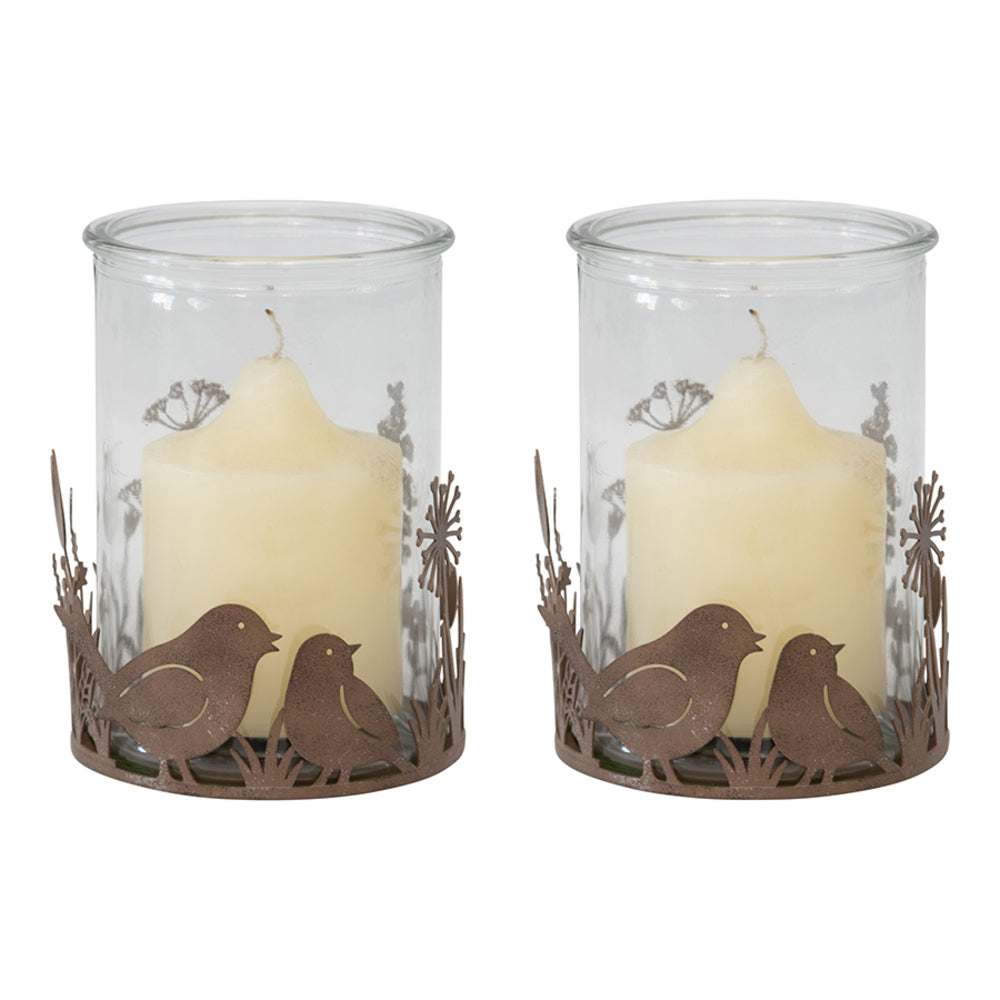 Set 2 Glass Candle holders in Low Rust Base w Birds 10cm - Image 2