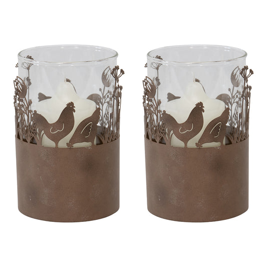 Set 2 Glass Pillar Candle holders in Stilted Rust Base w Chooks 17cm - Image 2