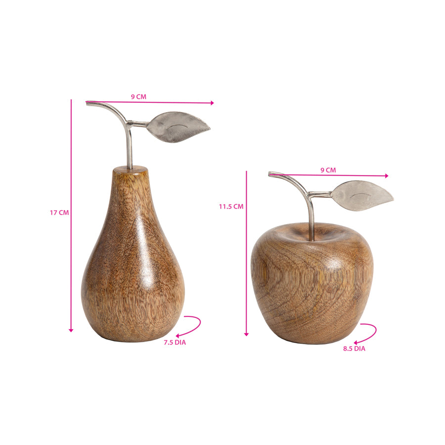 Set 2 Asst Handcrafted Apple & Pear W Antique Silver Leaf 17cm - Image 3