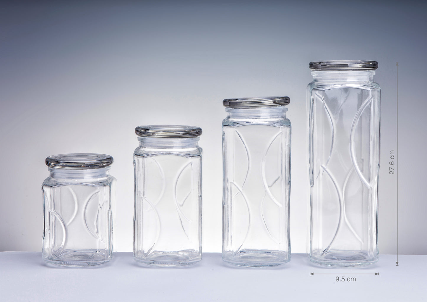 bulk 12 Swirl Embossed Squ Glass Jar w/ Glass Lid 27cm