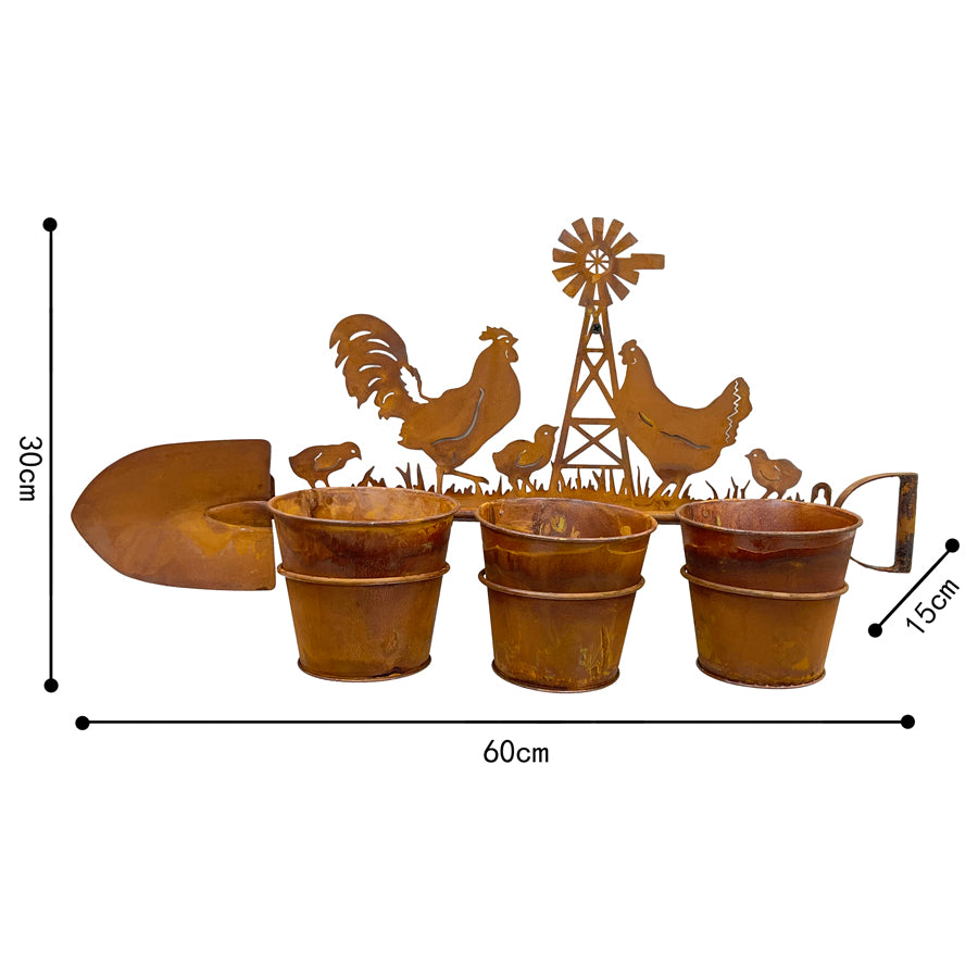 Three Pot Wall Planter On Shovel W Chooks 60x30cm - Image 4