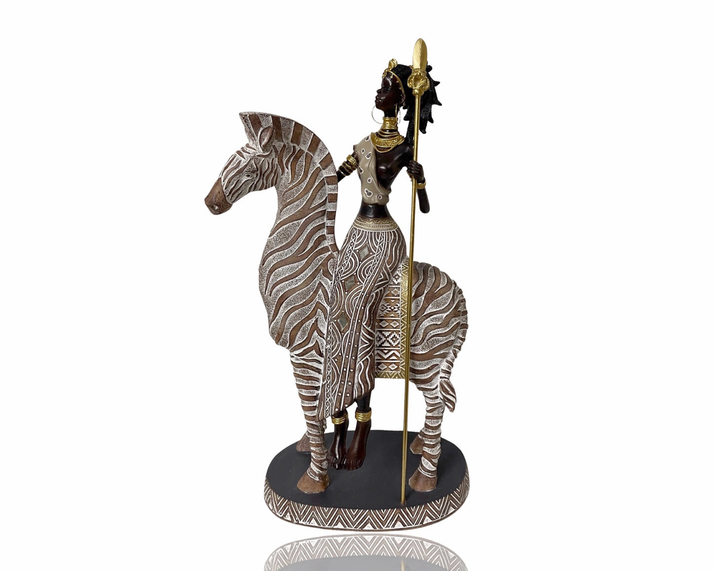 Polyresin African Warrior On Zebra 33cm