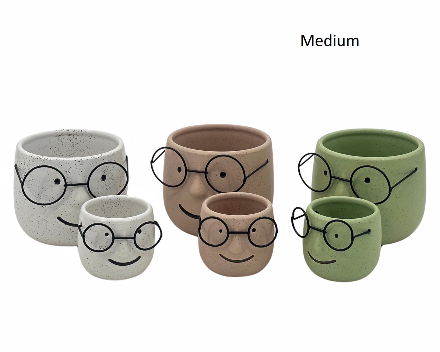 Set 3 Ceramic Pot Planter w/ Metal Glasses 12cm