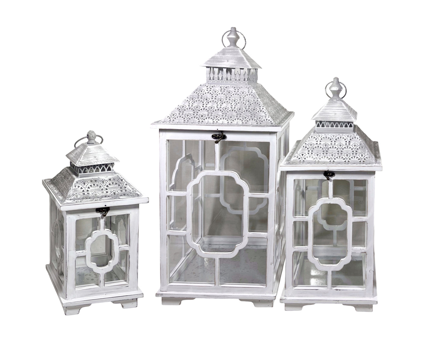 Set 3 Wooden Lantern w/ Metal Roof 76cm