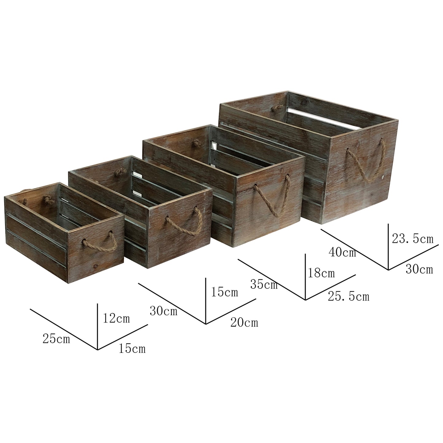 Set 4 Nested Wooden Storage Crates Rope Handles 40x30cm - Image 3