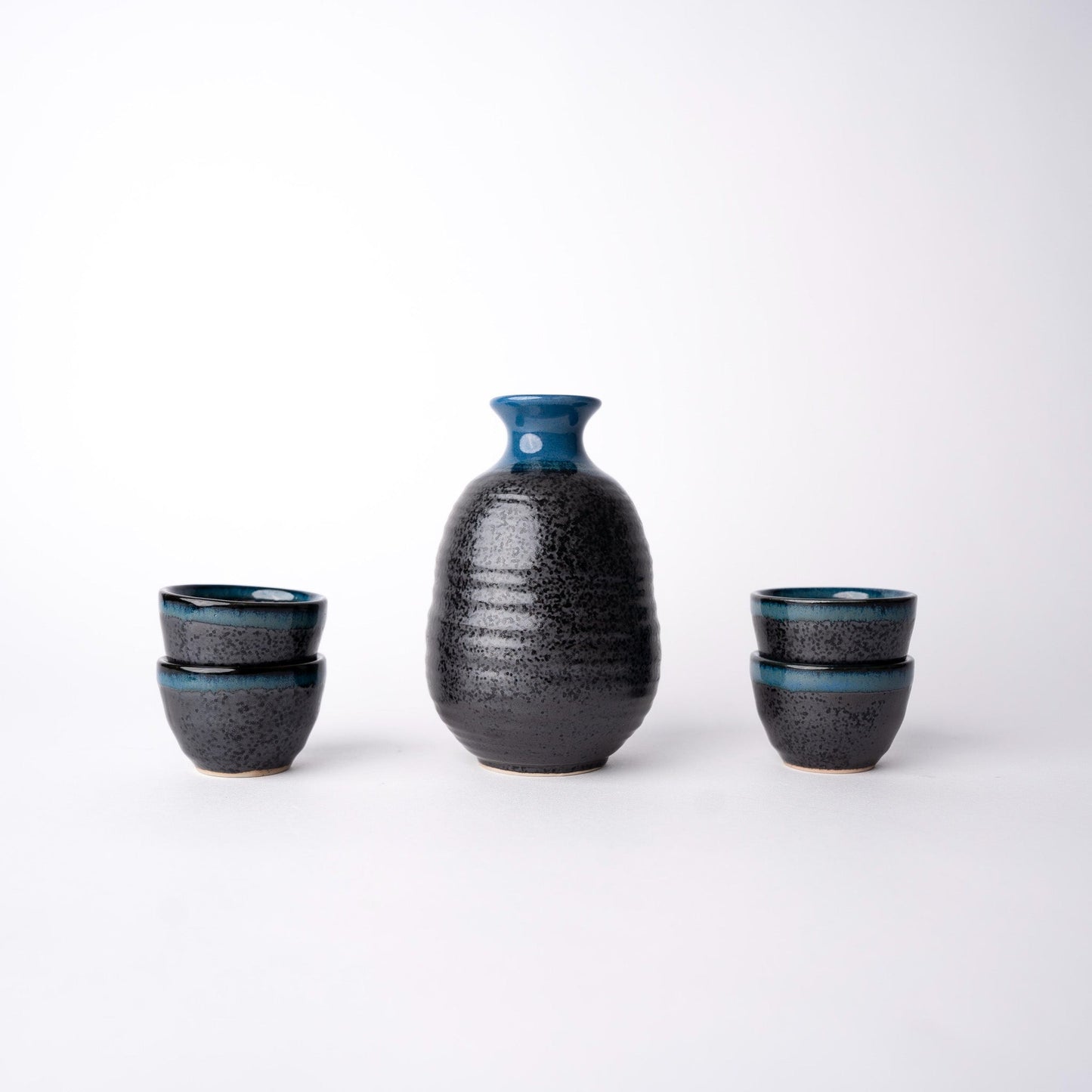 Sake Set for Four 280ml Black Bright Blue Drip Glaze - Image 4