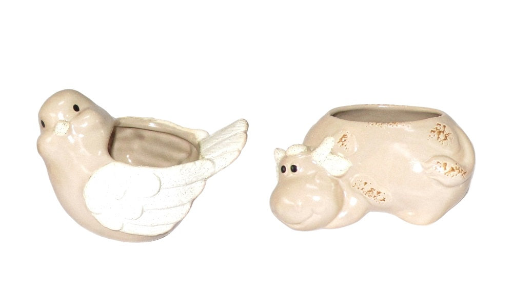 Set 2 Porcelain Cow Bird Planter 12cm