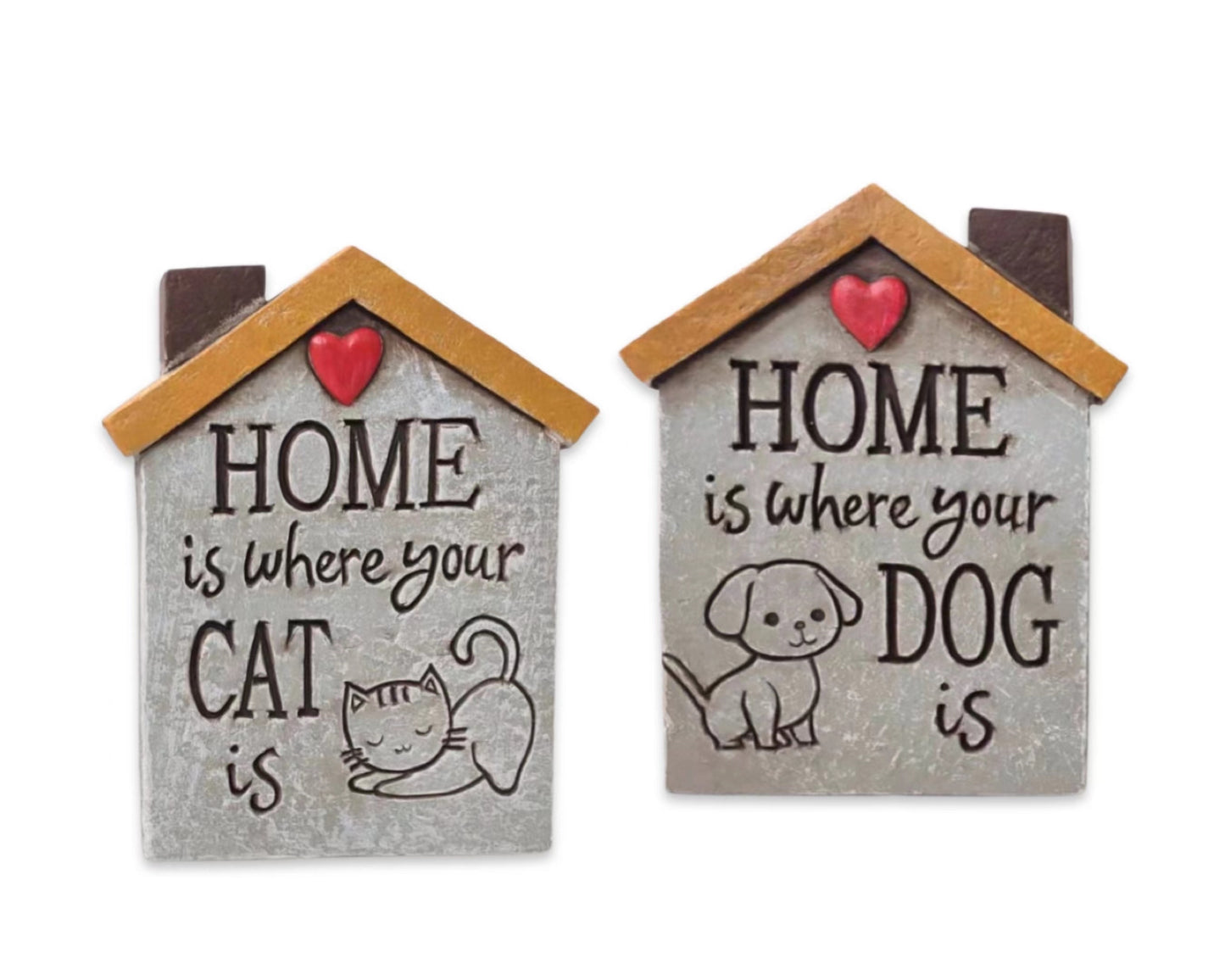 Set 2 Concrete Cat & Dog Homes Signage Garden Statue 15cm