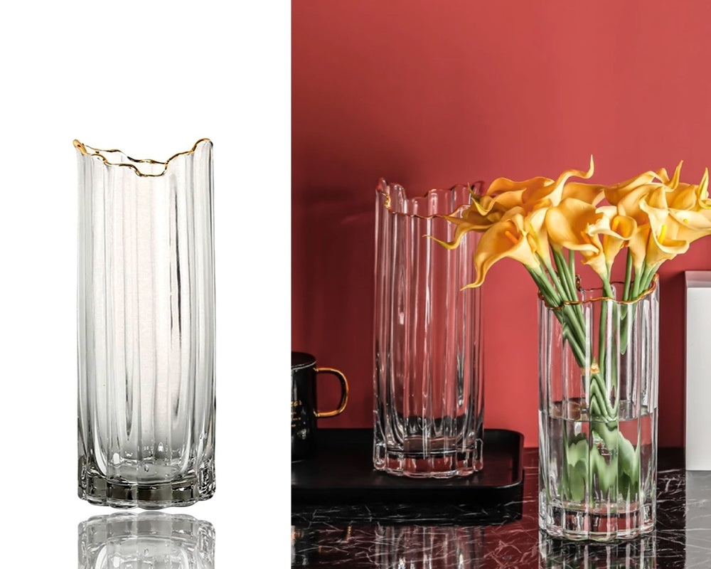 bulk 6 Glass Ribbed Vase w/ Gold Rim 30cm