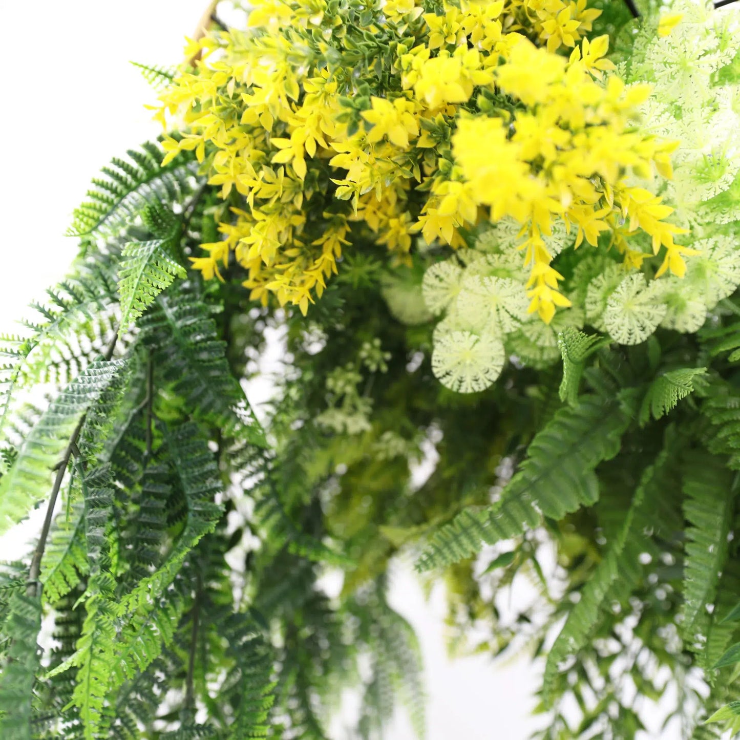 Gold Framed Roof Hanging Disc With Bright Tropical Foliage Mix and Draping Ferns 40cm UV Resistant - Image 4
