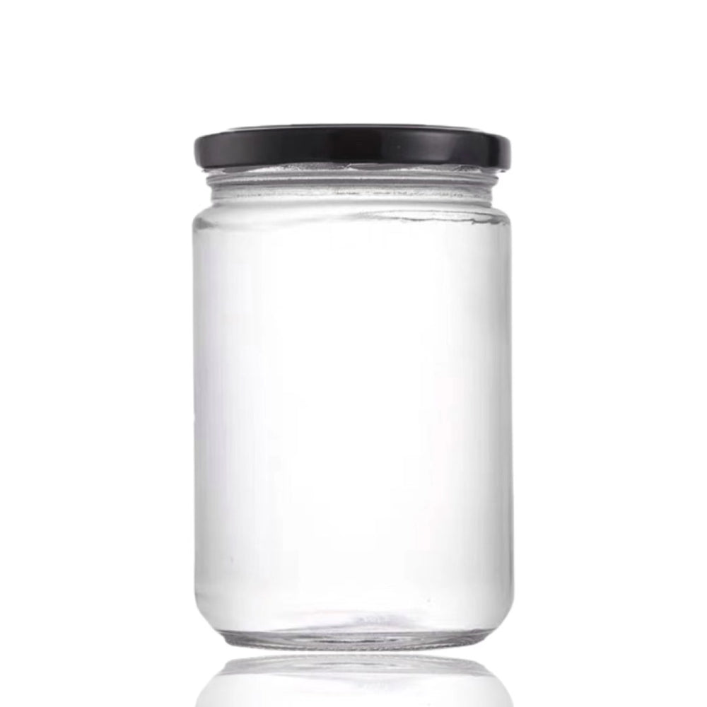 bulk 36 Glass Jar Round w/ Black Lid 500ml Canister 13cm