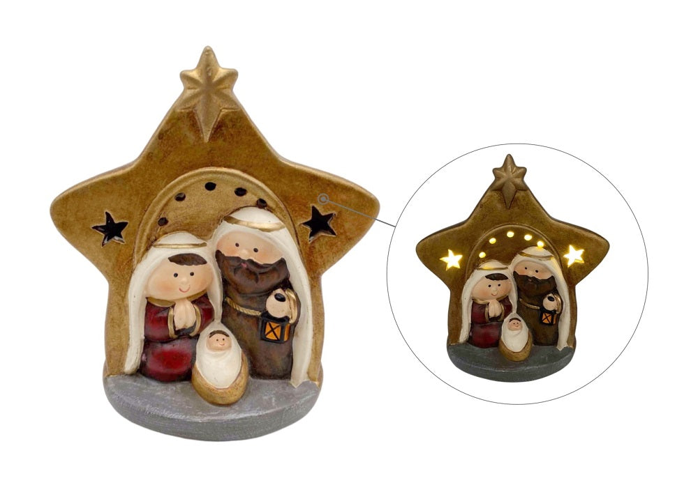 bulk 12 Xmas Ceramic Nativity Deco w/ Star & Led Lights 13cm