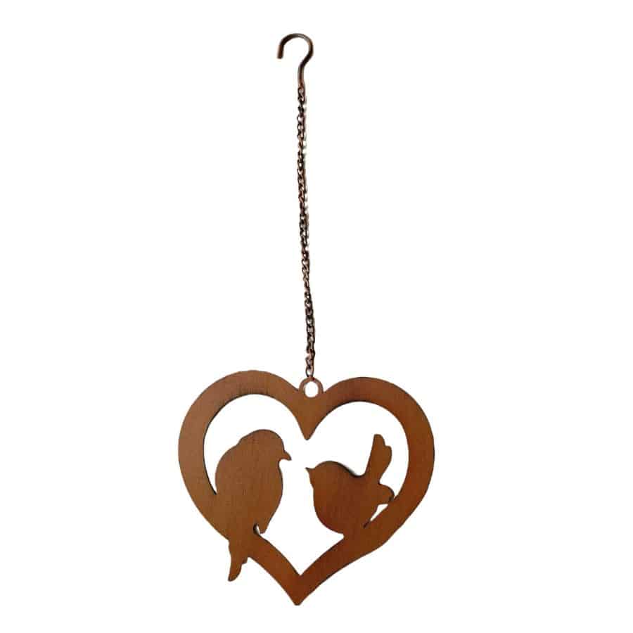 Hanging Rust Heart w Lovebirds On Chain 20cm - Image 3