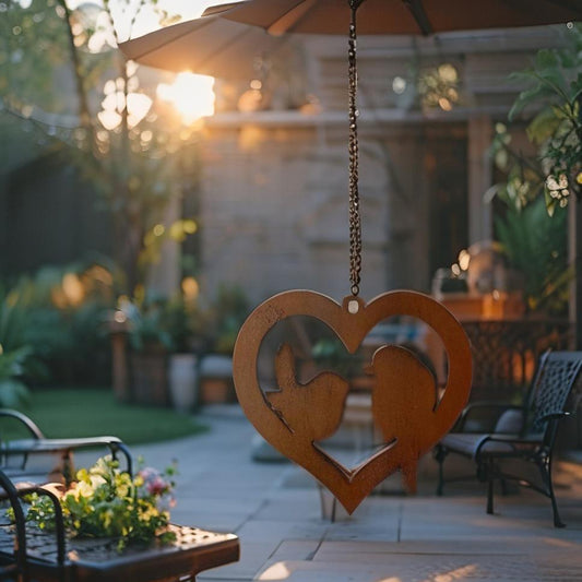 Hanging Rust Heart w Lovebirds On Chain 20cm - Image 2