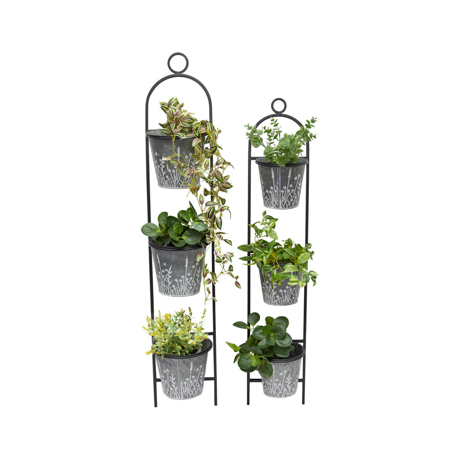 Set 2 3 Pot Galvanise w Wildflower Wall Planters 127cm