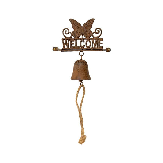 Cast Iron Welcome Wall Hanging w Butterfly & Bell 73cm