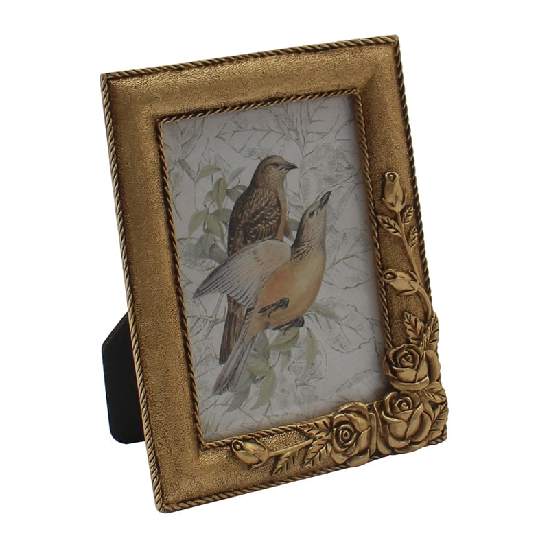 Antique Gold Metal Photoframe w Roses 15cm
