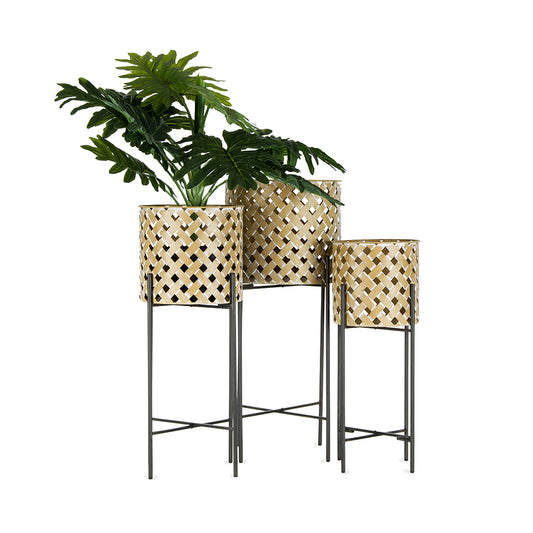 Set 3 Metal Weave Cane Stilted Planters 71cm