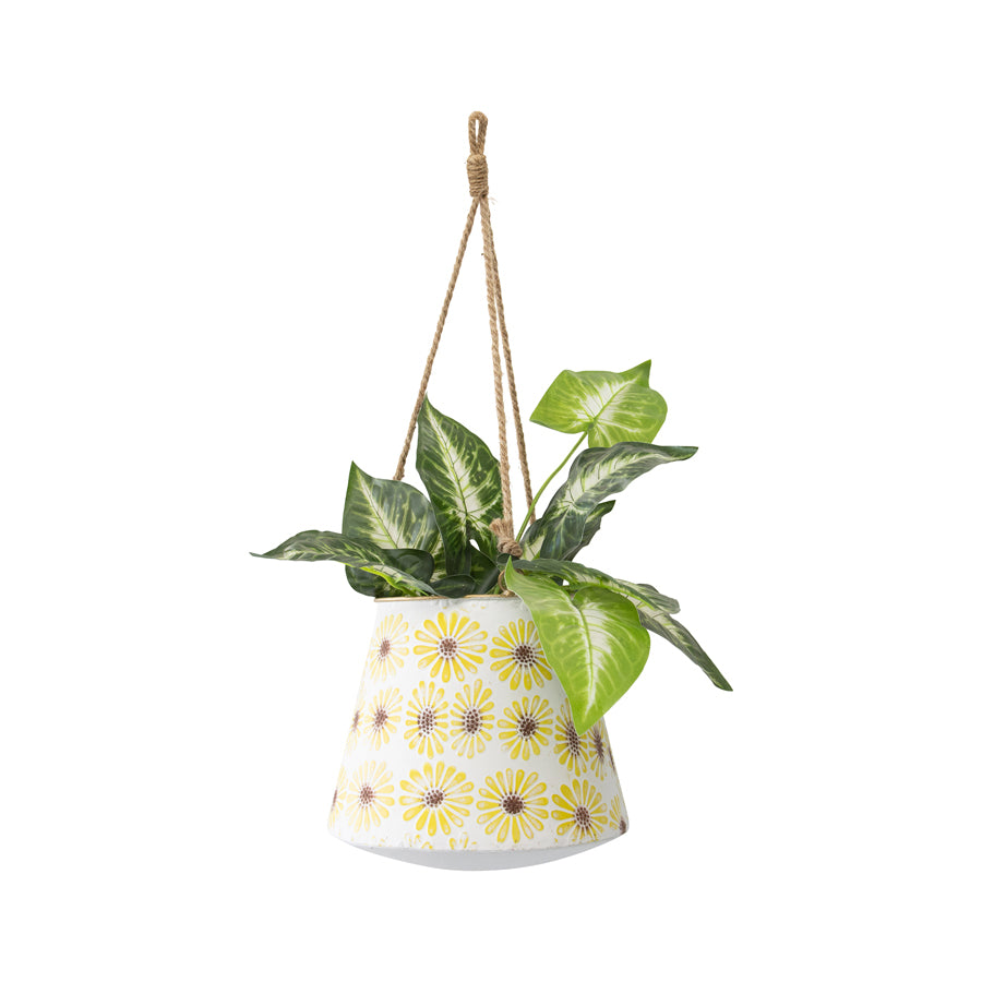 Pressed Metal Daisy Hanging Planter w Rope 60cm - Image 2