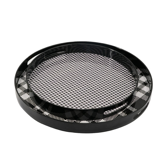Set 2 Plaid Motif Round Trays 48cm - Image 2