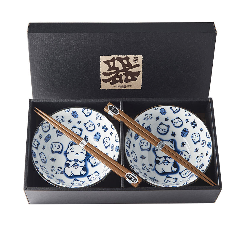 Bowl Set 2pcs with Chopsticks Maneki Cat Blue Design - Image 4