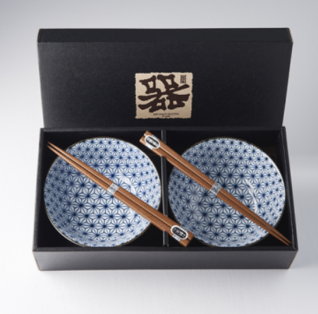 Bowl Set 2pcs with Chopsticks Starburst Blue Design - Image 3