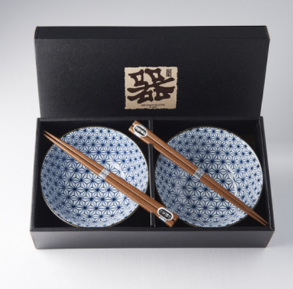 Bowl Set 2pcs with Chopsticks Starburst Blue Design - Image 3