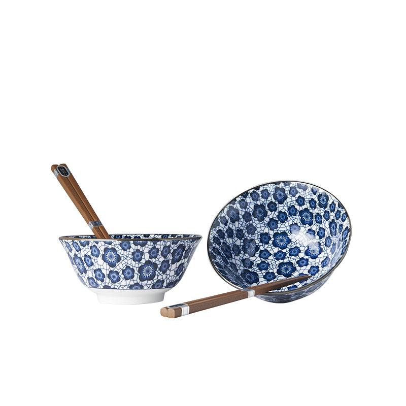 Bowl Set 2pcs with Chopsticks Blue Plum Design - Image 3