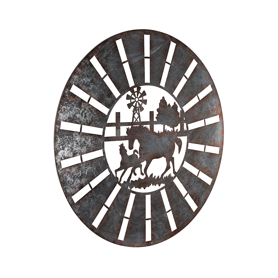 Galvanised w Rust Horses Round Laser Cut Wall Art 100cm - Image 4