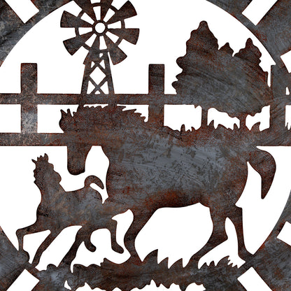 Galvanised w Rust Horses Round Laser Cut Wall Art 100cm - Image 3