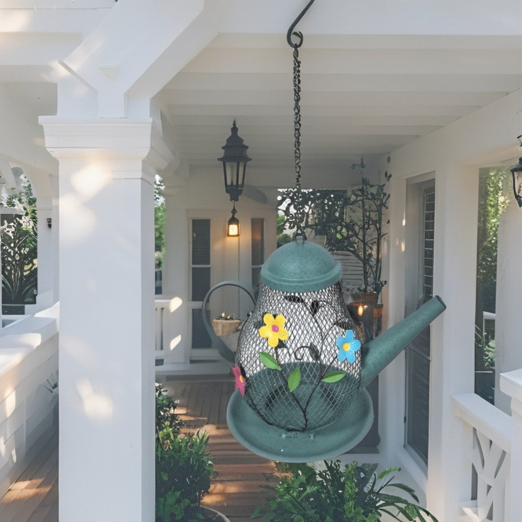 Hanging Teapot Birdfeeder w Flowers - Image 2