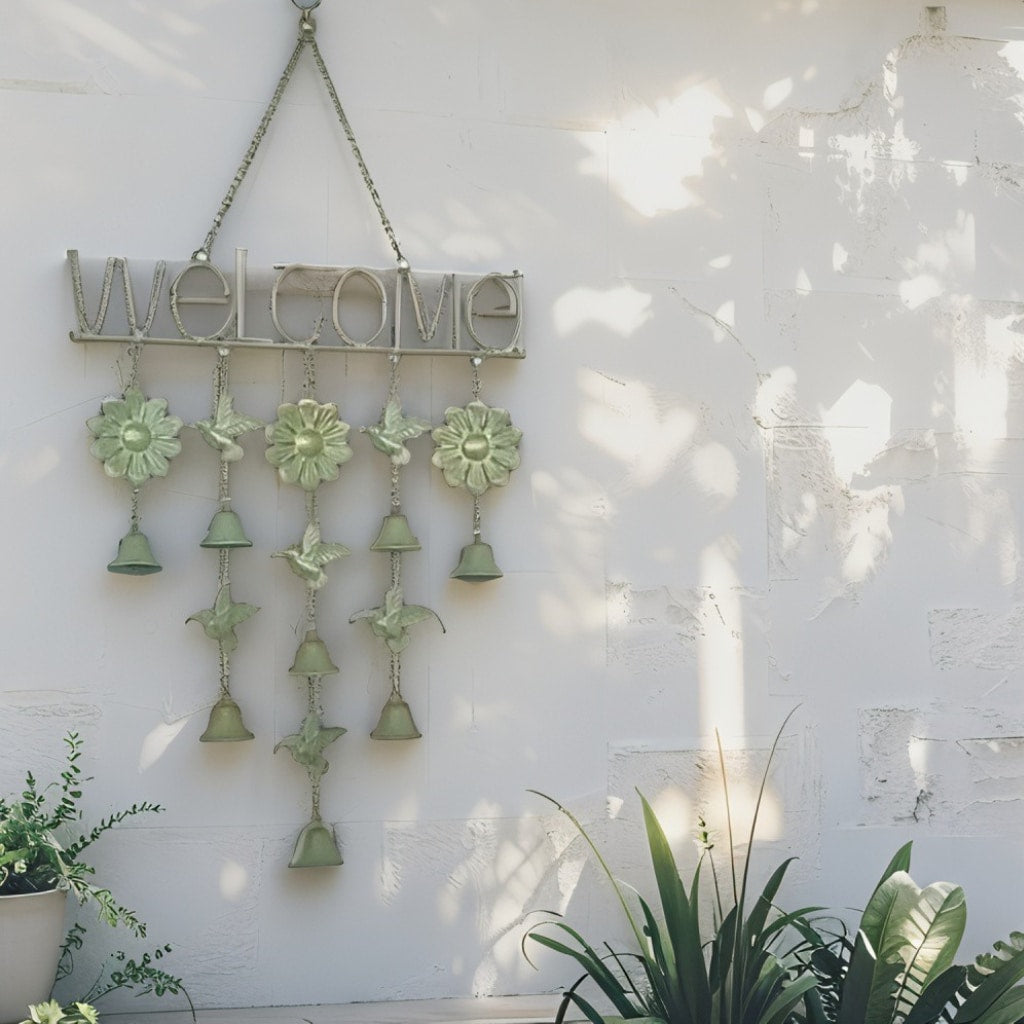 Hanging 'Welcome' Sign w Birds + Bells 85cm - Image 2
