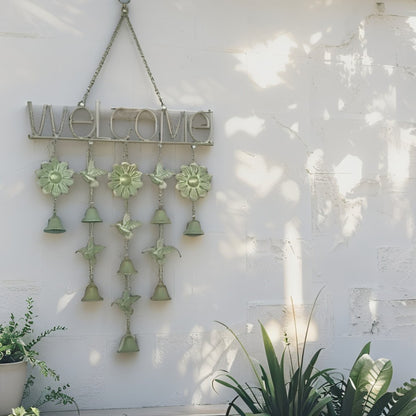 Hanging 'Welcome' Sign w Birds + Bells 85cm - Image 2