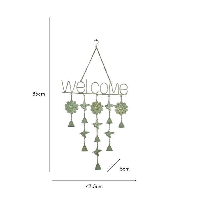 Hanging 'Welcome' Sign w Birds + Bells 85cm - Image 3