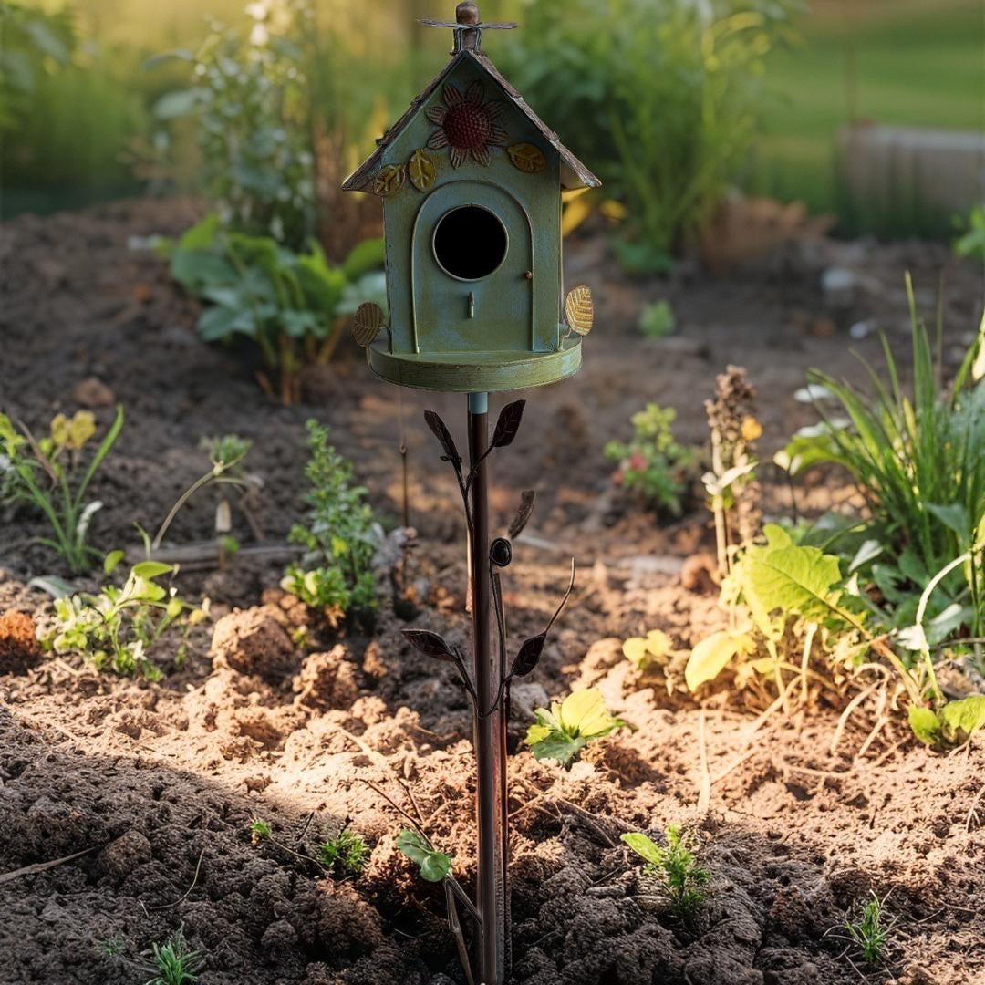 Birdhouse w Flower on Leafy Garden Stake 40cm - Image 2