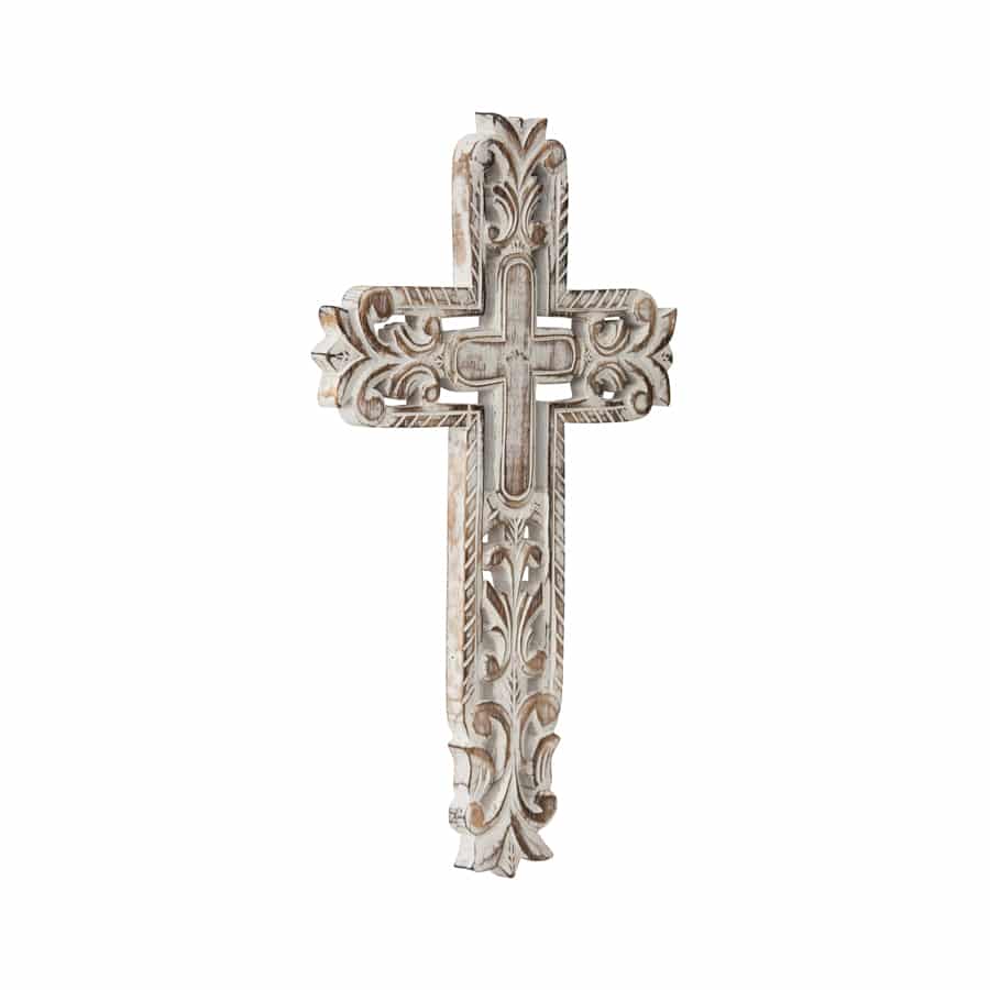 Hand-Carved Cross W Fleur-De-Lis Wall Art 25x40cm - Image 2