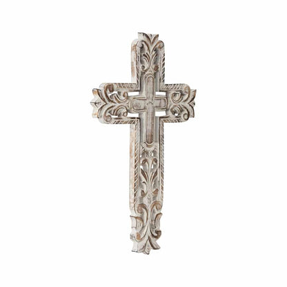 Hand-Carved Cross W Fleur-De-Lis Wall Art 25x40cm - Image 2