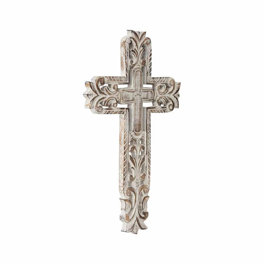 Hand-Carved Cross W Fleur-De-Lis Wall Art 25x40cm - Image 2