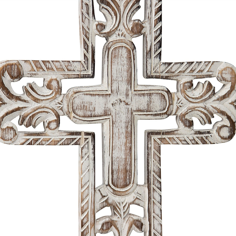 Hand-Carved Cross W Fleur-De-Lis Wall Art 25x40cm - Image 3