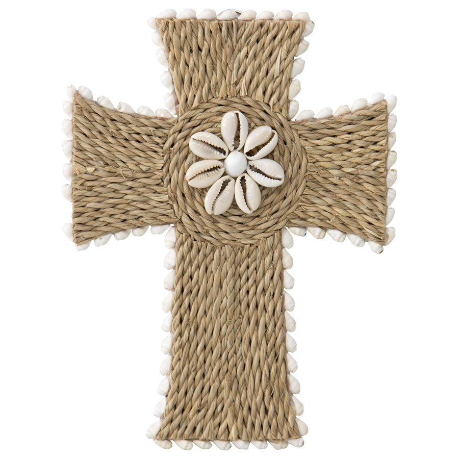 Handcrafted Shell & Broad Weave Wall Hanging Cross 32x23cm