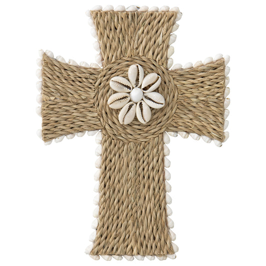 Handcrafted Shell & Broad Weave Wall Hanging Cross 32x23cm
