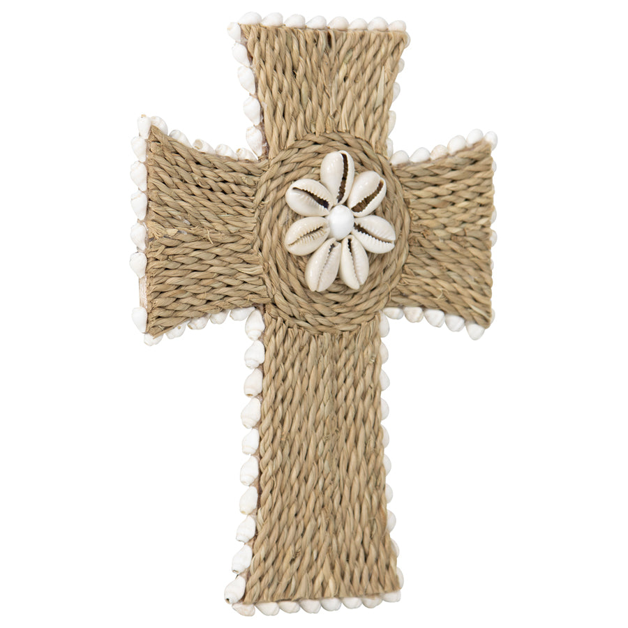 Handcrafted Shell & Broad Weave Wall Hanging Cross 32x23cm - Image 2