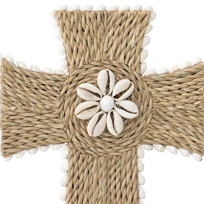 Handcrafted Shell & Broad Weave Wall Hanging Cross 32x23cm - Image 3