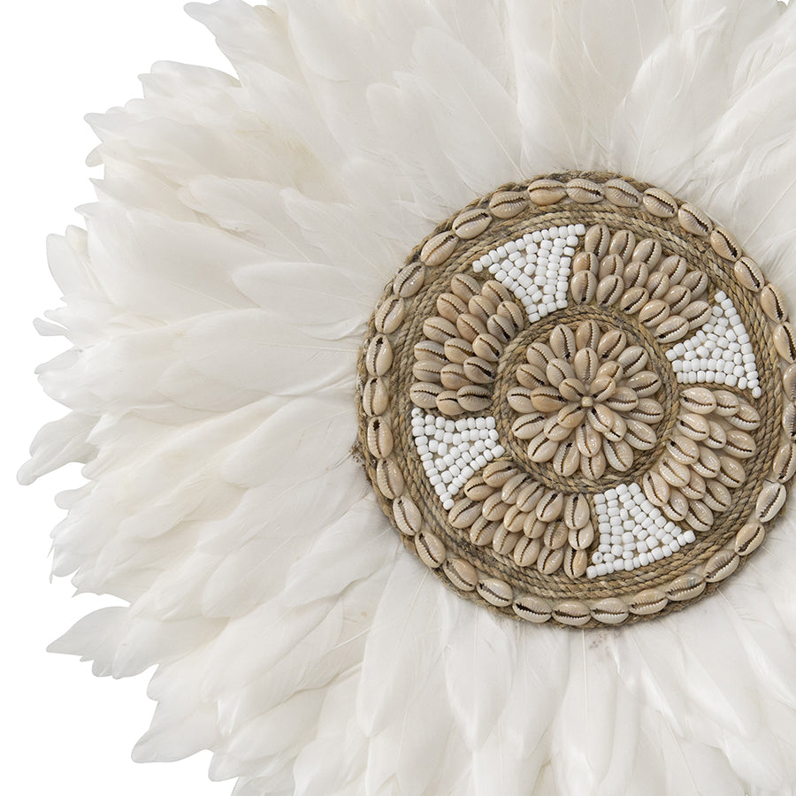 Handcrafted Round Hanging Feather & Shell Wall Art 40x40cm - Image 3