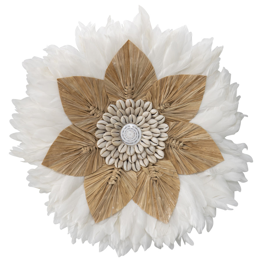 Handcrafted Round Hanging Feather & Shell 'Flower' Wall Art 40x2cm
