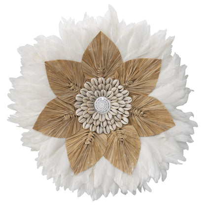 Handcrafted Round Hanging Feather & Shell 'Flower' Wall Art 40x2cm